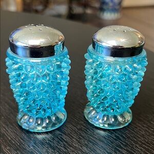 Vintage Fenton Aqua Blue Glass Pointy Hobnail Salt and Pepper Shakers Set